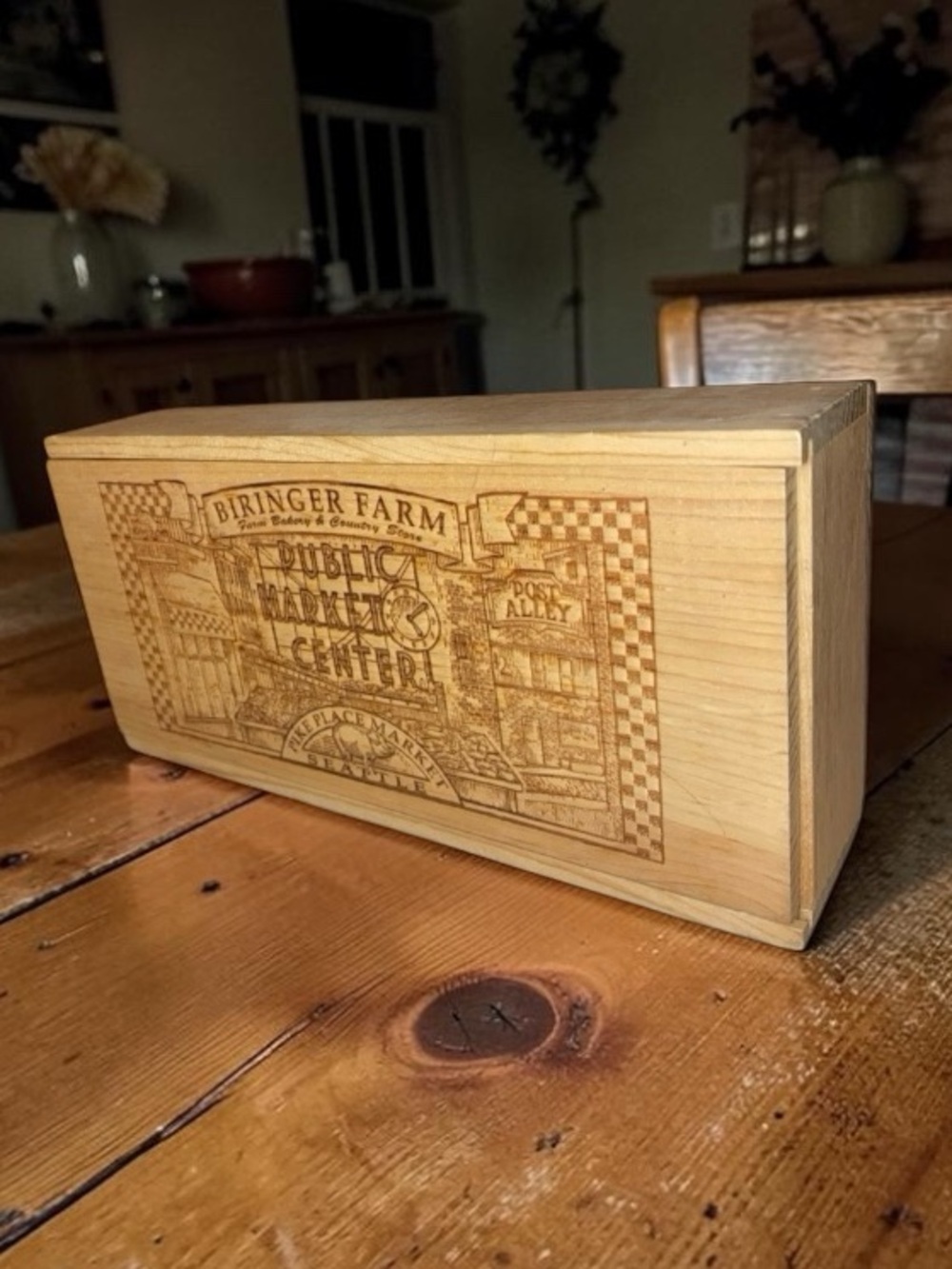 BIRINGER FARM Wooden Storage Box Sliding Lid Solid Wood Etched Engraved Design